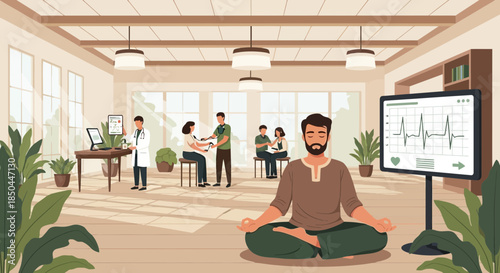 Man Meditating in Modern Office Space.