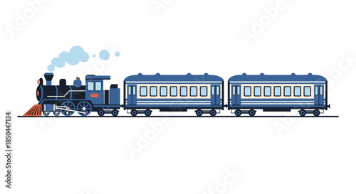 A classic blue steam locomotive train with two passenger cars, illustrated in a flat vector style isolated on a background.