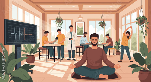 Man Meditating in Office with Coworkers.