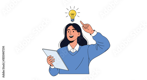 A smart young woman holding a digital tablet has a brilliant idea, represented by a glowing lightbulb above her pointed finger.