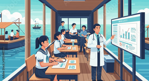 Scientist presenting data to students on boat.