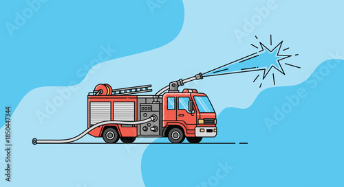 A simple line art illustration of a red fire truck with a water cannon spraying water to extinguish a fire on a blue field.