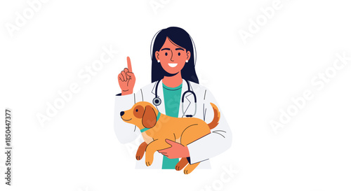 A friendly female veterinarian in a white coat with a stethoscope, holding a cute puppy and giving professional medical advice.