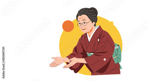 A kind and welcoming elderly Japanese woman wearing a traditional kimono, gesturing with open hands as if telling a nice story.