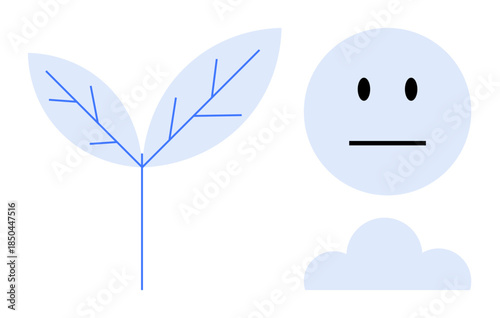 Environmental awareness, emotional health, sustainability, mindfulness, growth, nature. A leaf and a neutral face in minimalist style. Environmental awareness and emotional health