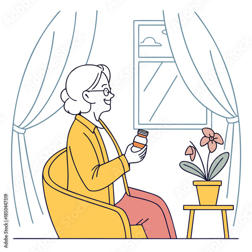 Elderly woman holding a pill bottle by the window.