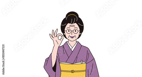 An elegant elderly Japanese woman in a beautiful purple kimono and glasses, making a positive 'OK' gesture with her hand.