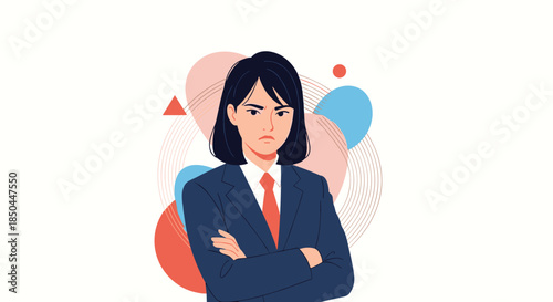 A frustrated and angry businesswoman with short black hair, standing with her arms crossed against an abstract background.