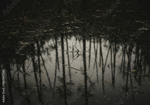 Still surface of dark, tannic marsh water reflecting the overlying wetland environment. Close view emphasizing murky texture and natural aquatic ecosystem ,bog ,swamp ,ecology