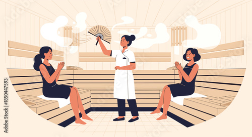 Two women relaxing in a wooden sauna while a female attendant performs an Aufguss wellness ritual by fanning hot, scented air.