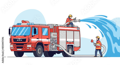 A team of two firefighters in full gear working together with a large red fire engine to spray a powerful stream of water.