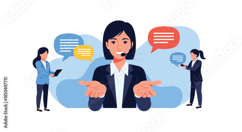 A friendly female call center agent with a headset acts as the central point of contact for customer service and communication.