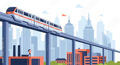 A modern high-speed monorail train travels on an elevated track through a futuristic city skyline with tall skyscrapers below.