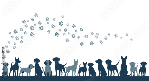 A beautiful silhouette of various dog breeds sitting in a line under a flowing arc of gray paw prints on a white background.