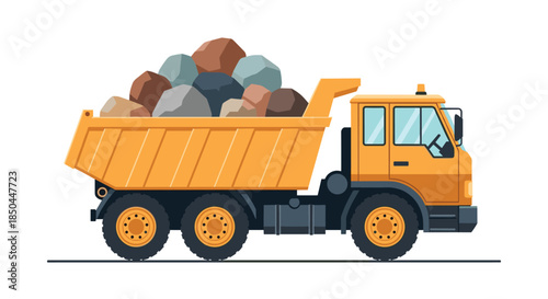A powerful yellow dump truck seen from the side, carrying a heavy load of large rocks and boulders in its open-box bed.