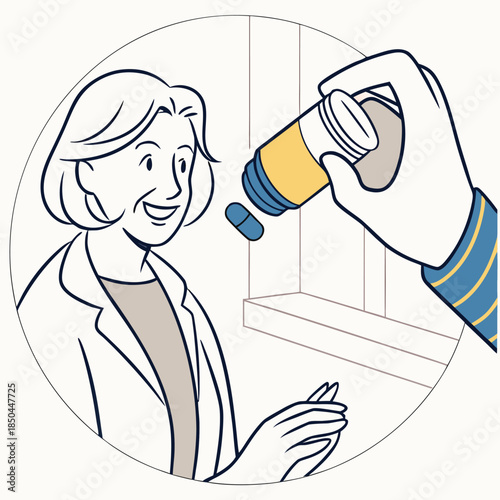 Elderly woman receives medication from a caregiver.