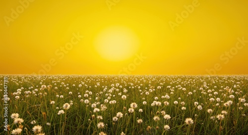 White wildflowers bloom across a wide open pasture under a brilliant, sunny, vibrant yellow sky, creating a striking seasonal contrast ,floral, sunlight, golden