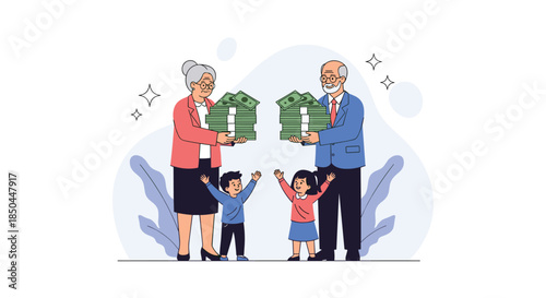 Loving grandparents are giving large stacks of money to their two happy and excited young grandchildren as a financial gift.