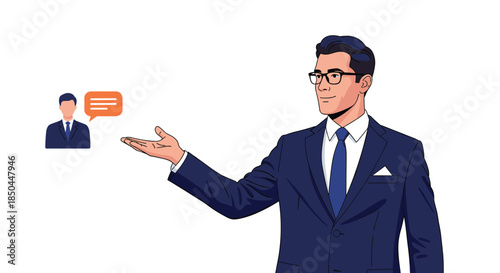 A professional businessman in a suit and glasses presents or introduces a colleague's icon with a speech bubble for networking.