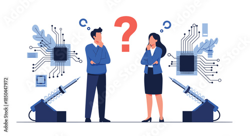 Two engineers, a man and woman, are thoughtfully considering a technical problem symbolized by a question mark and microchips.