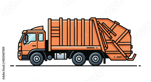 An orange garbage truck is depicted in a side view line art illustration, representing waste management and sanitation services.