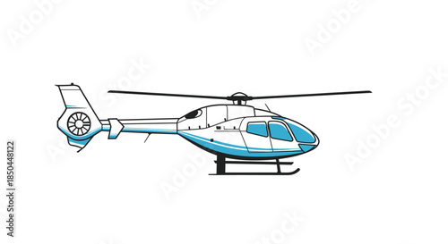 Modern light utility helicopter with blue accents shown in a clean line art vector illustration style, isolated on a white background.
