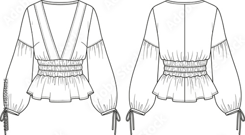 Fashion technical drawing of peplum blouse, vector flat sketch with deep v-neck, smocked waist, bishop sleeves, front and back view
