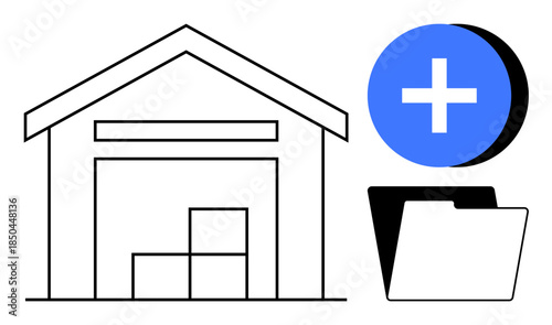 Warehouse storage concept. Warehouse symbol with boxes s physical inventory storage. Digital file folder and add symbol illustrate digital data organization. For logistics, inventory, data