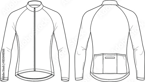 Fashion vector technical drawing illustration of a men's long-sleeve athletic cycling jersey featuring a full zipper, raglan sleeves, and rear pockets.