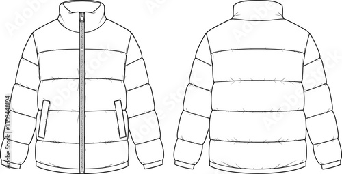 Fashion vector technical drawing illustration of a unisex cropped puffer jacket featuring horizontal quilting, a standing collar, and zippered closure.