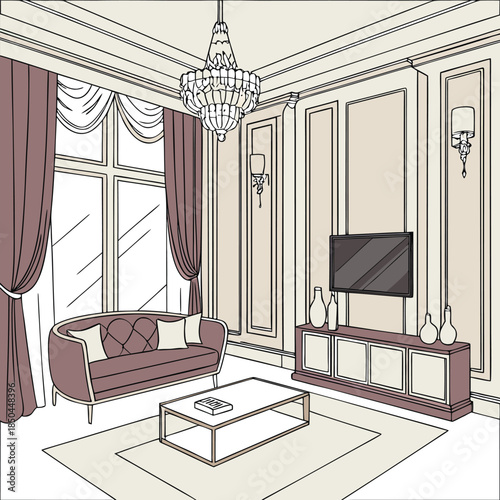 Elegant Living Room Interior Design with Sofa and Entertainment Center.