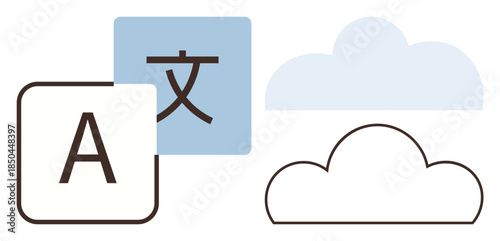 Letters and characters inside blocks represent language. Stylized cloudy shapes evoke cloud computing. Ideal for communication, technology, data exchange, translation, learning, innovation. A simple