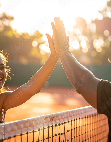 The tennis partners applauded each other at the net after scoring a point