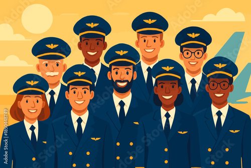 Group of diverse pilots smiling and looking at the camera in uniform.