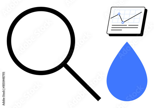 Magnifying glass, analytics chart with trend lines, and blue water drop. Ideal for research, data analysis, environment, sustainability, water management exploration problem-solving. Simple flat