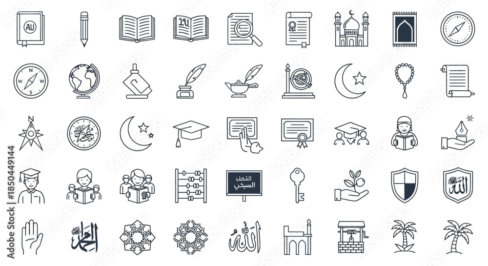 Fototapeta premium Islamic Education and Culture Icons Set. Vector Illustrations. EPS Editable