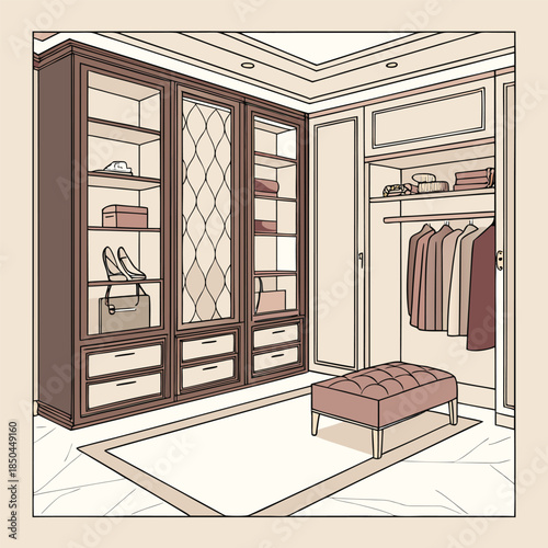 Luxurious Walk-In Closet with Organized Wardrobe and Storage.