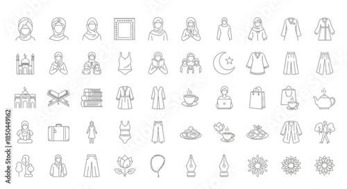 Islamic Icons Collection Mosques Clothing Quran and Cultural Symbols. Vector Illustrations. EPS Editable