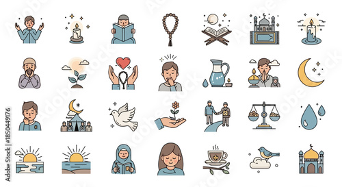 Islamic Icons Collection Representing Faith Culture and Community. Vector Illustrations. EPS Editable