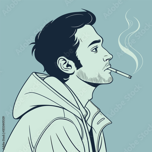 Man Smoking Cigarette with Smoke Wisps.
