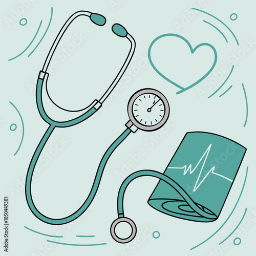 Medical Stethoscope and Blood Pressure Monitor Equipment.