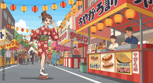 Young Woman Skateboarding Down Street Wearing Red Outfit.