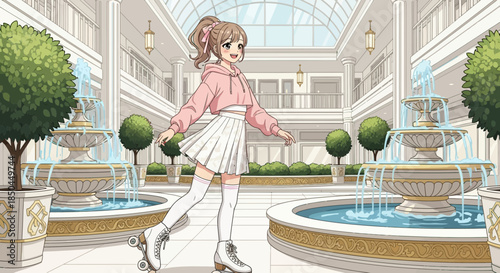 Anime Girl Walking in a Courtyard.