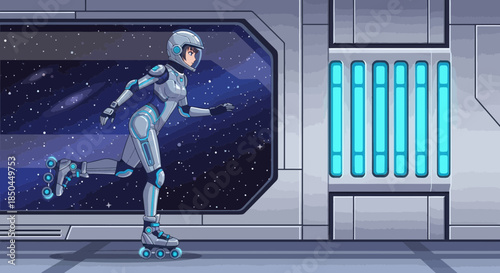 Astronaut on Skateboard in Space Station.