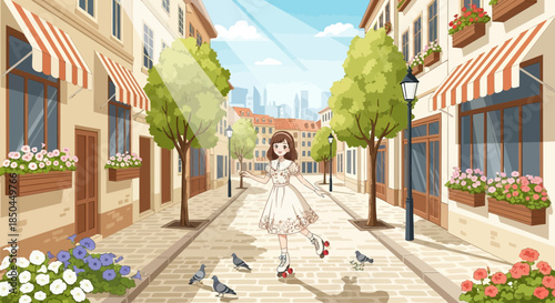 Bride Walking Down Street with Pigeons.