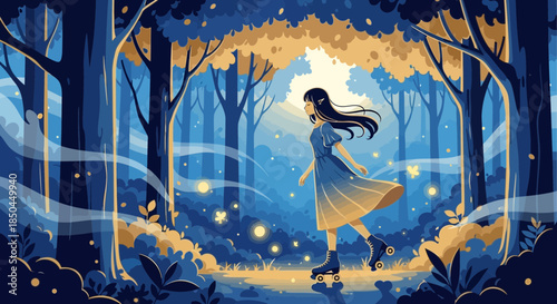 Woman Dancing in Enchanted Forest Glade.