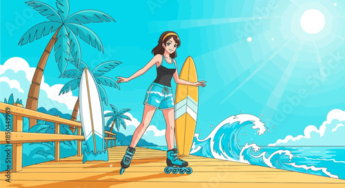 Woman holding surfboard on skateboard at beach.