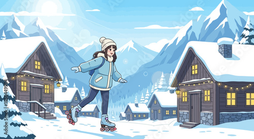 Woman Ice Skating in Winter Scene.