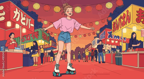 Woman Roller Skating at Night Market.
