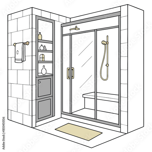 Modern Corner Shower Enclosure with Built-in Storage.